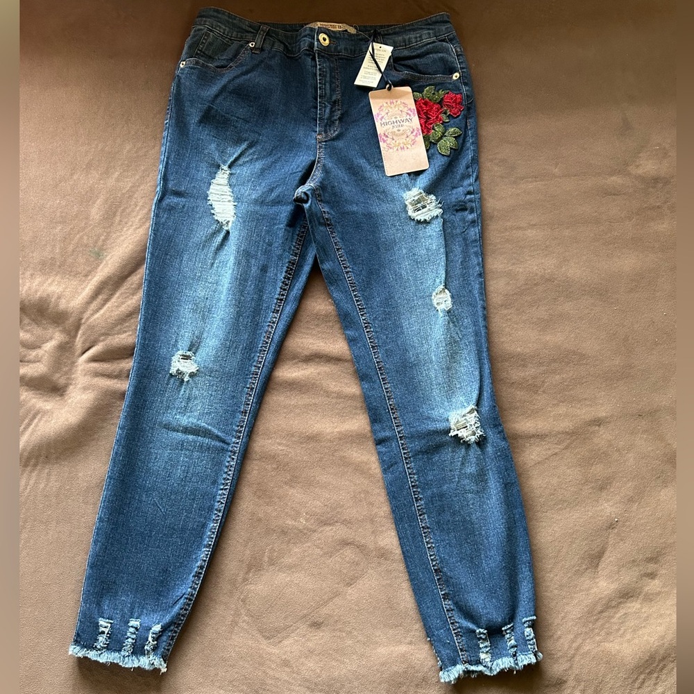 Women's Distressed Blue Jeans with Floral Embroidery